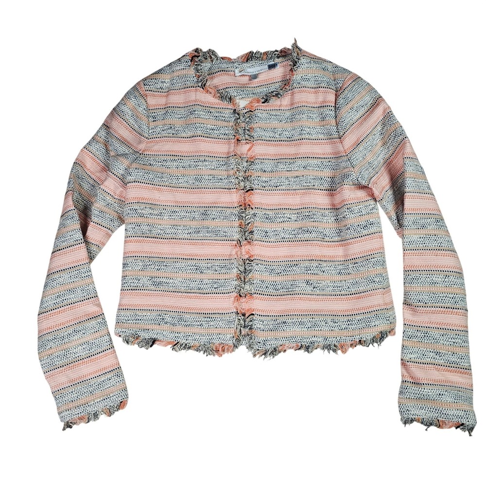 Lovers + Friends Tweed Crop Blazer‎ Jacket Open Front Striped Fringe Women's S